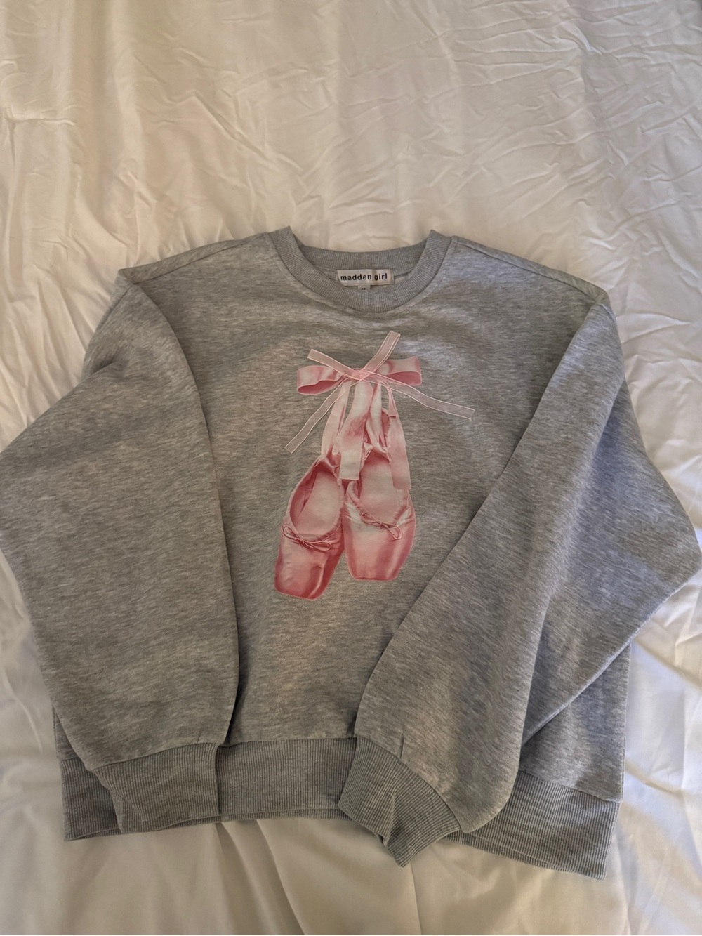 Madden Girl Gray Sweatshirt Top with Pink Ballet Slippers Graphic